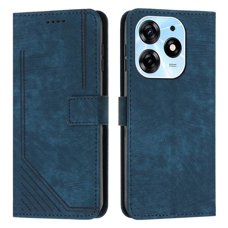 For Tecno Spark 10 Pro Skin Feel Stripe Pattern Leather Phone Case with Lanyard(Blue)