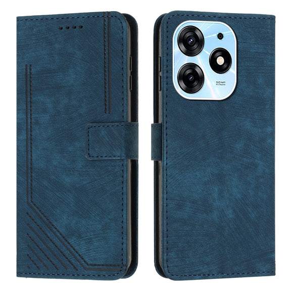 For Tecno Spark 10 Pro Skin Feel Stripe Pattern Leather Phone Case with Lanyard(Blue)