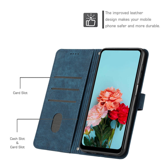 For Tecno Spark 10 Pro Skin Feel Stripe Pattern Leather Phone Case with Lanyard(Blue)