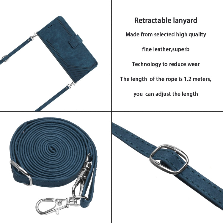 For Tecno Spark 10 Pro Skin Feel Stripe Pattern Leather Phone Case with Lanyard(Blue)