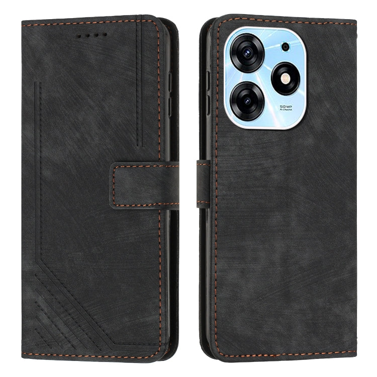 For Tecno Spark 10 Pro Skin Feel Stripe Pattern Leather Phone Case with Lanyard(Black)