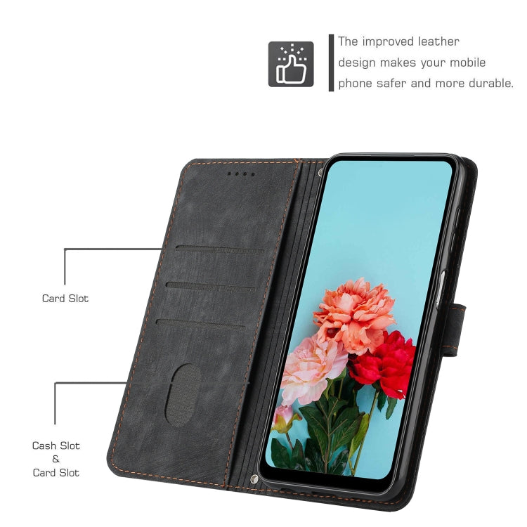 For Tecno Spark 10 Pro Skin Feel Stripe Pattern Leather Phone Case with Lanyard(Black)