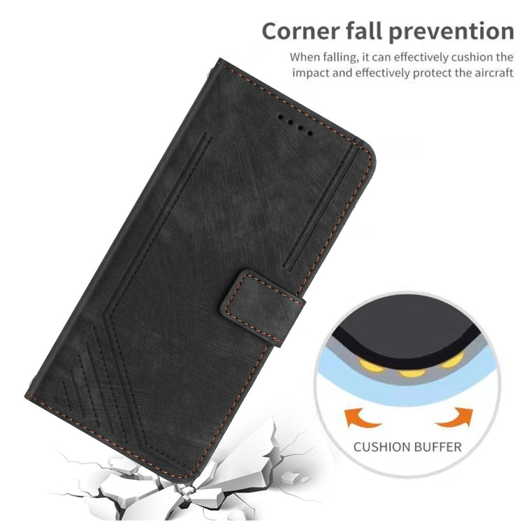 For Tecno Spark 10 Pro Skin Feel Stripe Pattern Leather Phone Case with Lanyard(Black)