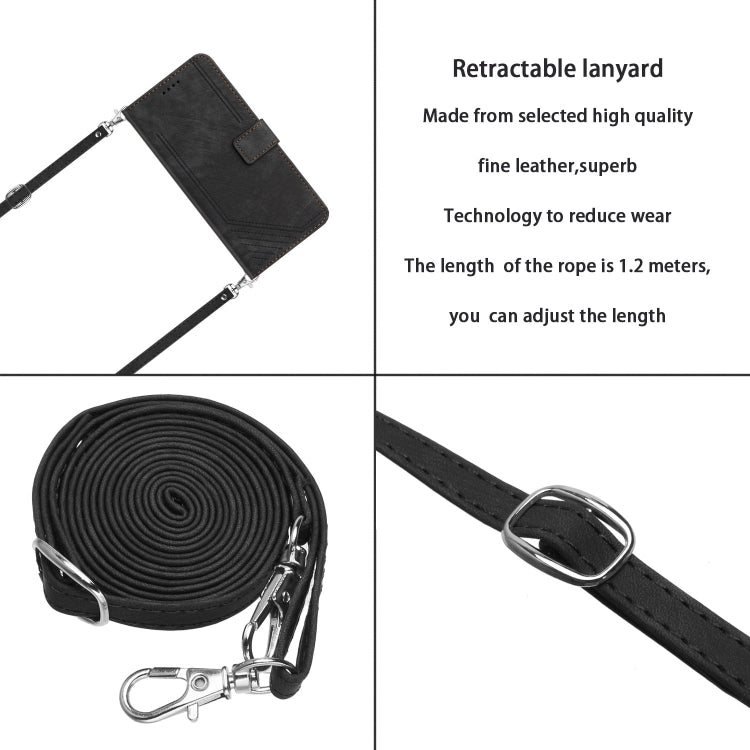 For Tecno Spark 10 Pro Skin Feel Stripe Pattern Leather Phone Case with Lanyard(Black)