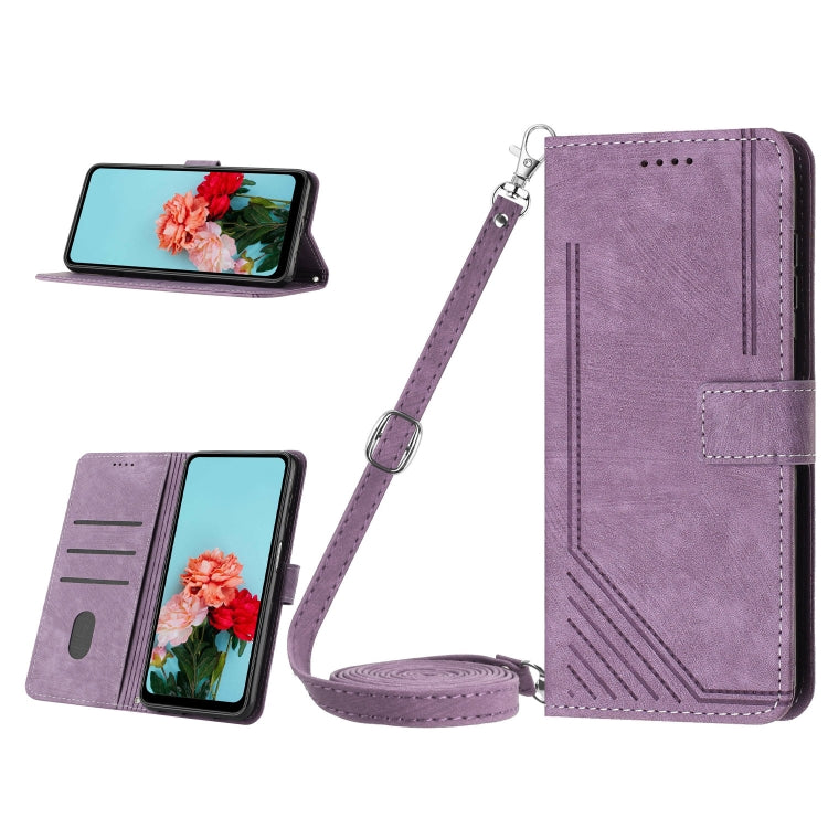 For Tecno Spark 10 Pro Skin Feel Stripe Pattern Leather Phone Case with Lanyard(Purple)