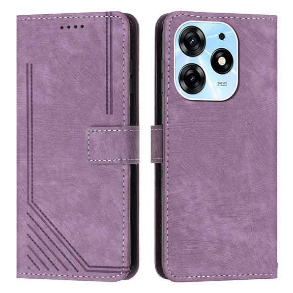For Tecno Spark 10 Pro Skin Feel Stripe Pattern Leather Phone Case with Lanyard(Purple)