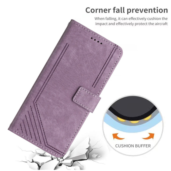 For Tecno Spark 10 Pro Skin Feel Stripe Pattern Leather Phone Case with Lanyard(Purple)