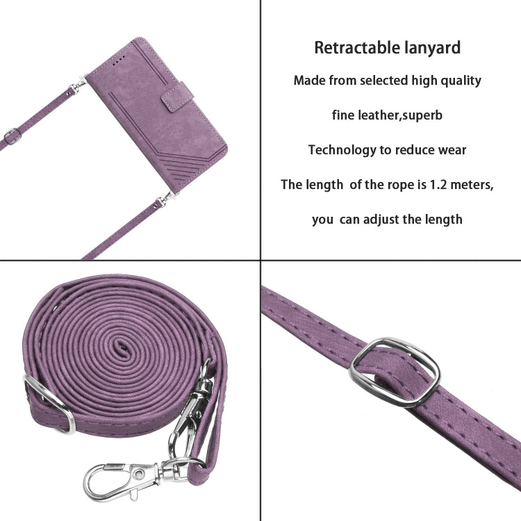 For Tecno Spark 10 Pro Skin Feel Stripe Pattern Leather Phone Case with Lanyard(Purple)