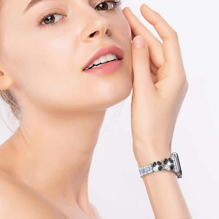 For Apple Watch 8 41mm Petal Metal Diamond Watch Band(Silver+Black)