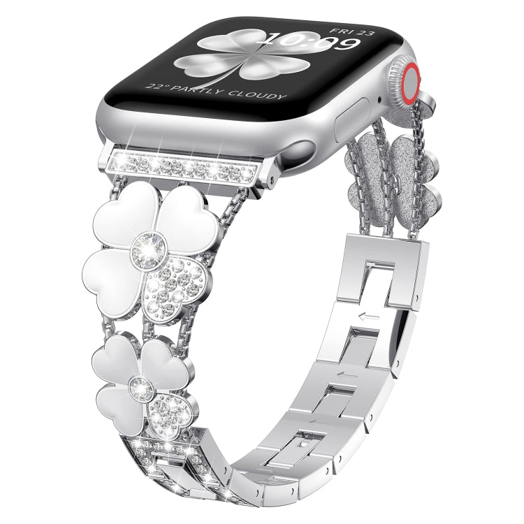 For Apple Watch 7 41mm Petal Metal Diamond Watch Band(Silver+White)