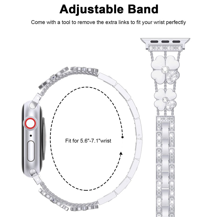 For Apple Watch 7 41mm Petal Metal Diamond Watch Band(Silver+White)
