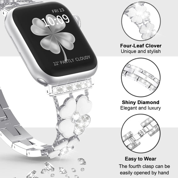 For Apple Watch 7 41mm Petal Metal Diamond Watch Band(Silver+White)