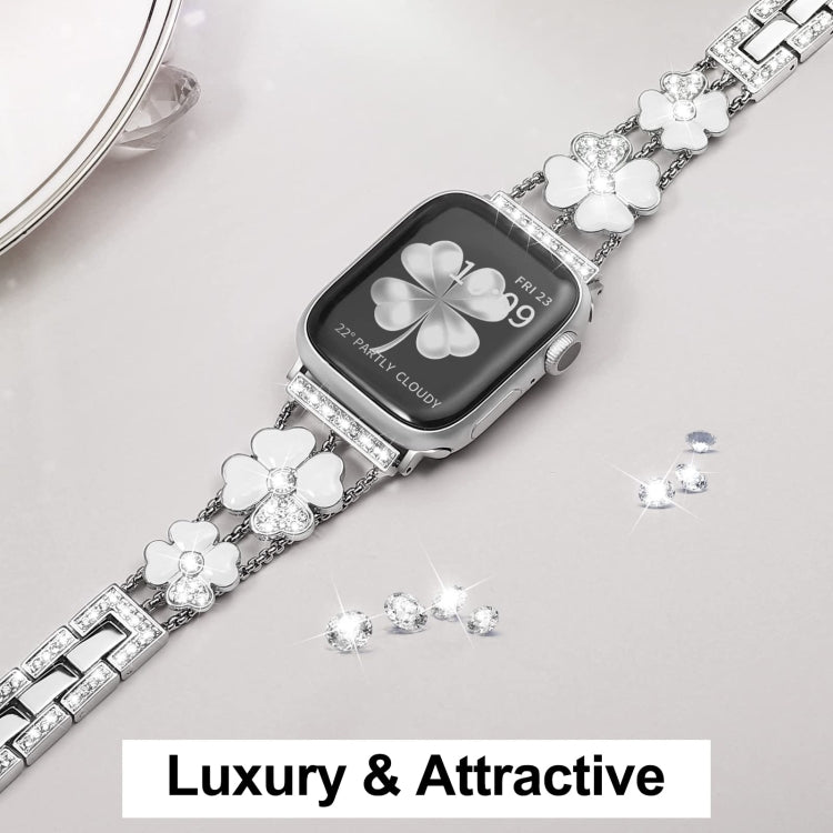 For Apple Watch 7 41mm Petal Metal Diamond Watch Band(Silver+White)