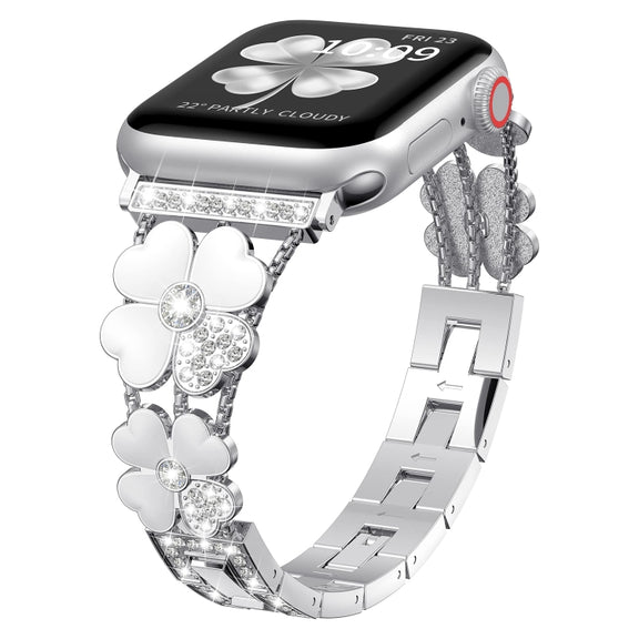 For Apple Watch 7 41mm Petal Metal Diamond Watch Band(Silver+White)