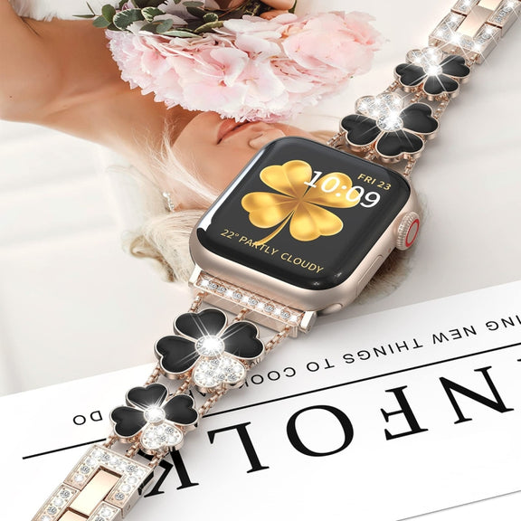 For Apple Watch SE 44mm Petal Metal Diamond Watch Band(Rose Gold+Black)