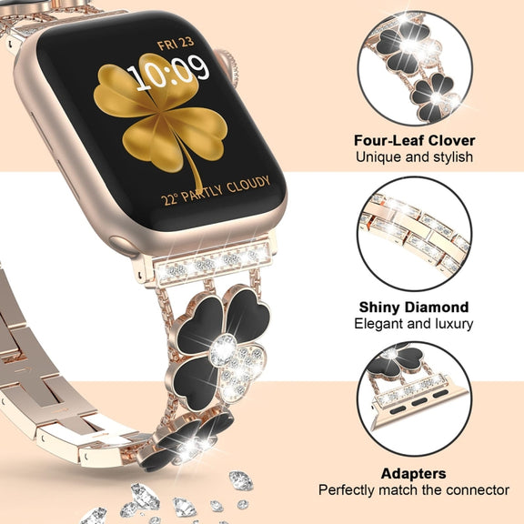 For Apple Watch 4 44mm Petal Metal Diamond Watch Band(Rose Gold+Black)