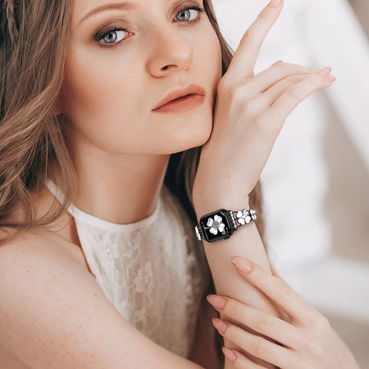 For Apple Watch 38mm Petal Metal Diamond Watch Band(Black+White)