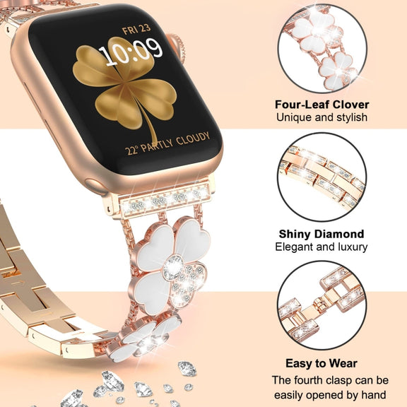 For Apple Watch 38mm Petal Metal Diamond Watch Band(Rose Gold+White)