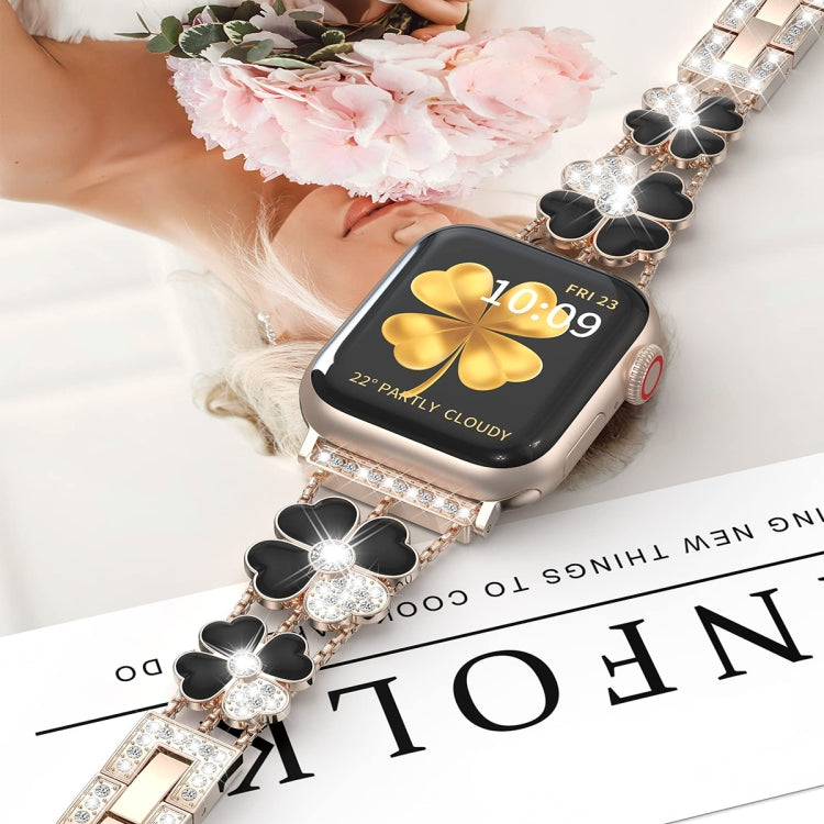 For Apple Watch 42mm Petal Metal Diamond Watch Band(Rose Gold+Black)