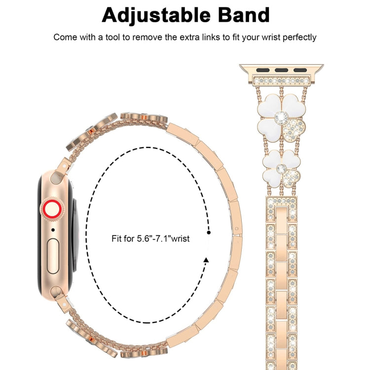 For Apple Watch 42mm Petal Metal Diamond Watch Band(Rose Gold+White)