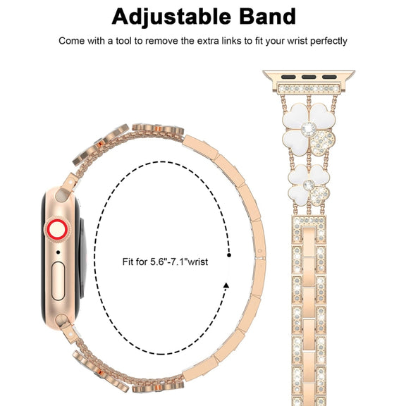 For Apple Watch 42mm Petal Metal Diamond Watch Band(Rose Gold+White)