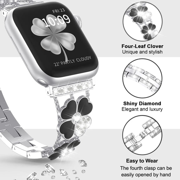 For Apple Watch 42mm Petal Metal Diamond Watch Band(Silver+Black)