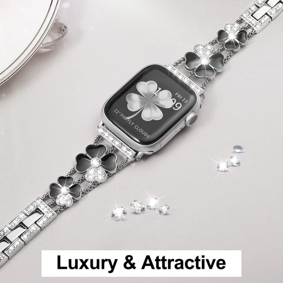 For Apple Watch 42mm Petal Metal Diamond Watch Band(Silver+Black)