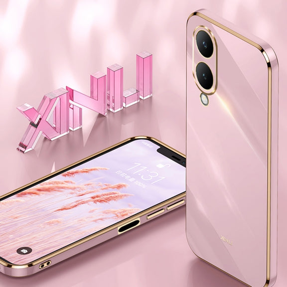 For vivo Y17S 4G XINLI Straight Edge 6D Electroplate TPU Phone Case with Ring Holder(Black)