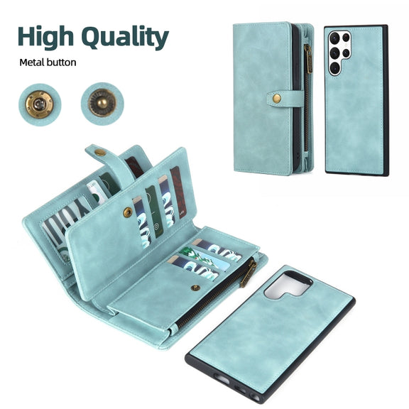 For Samsung Galaxy S22 Ultra 5G Zipper Wallet Magnetic Detachable Leather Phone Case(Blue)