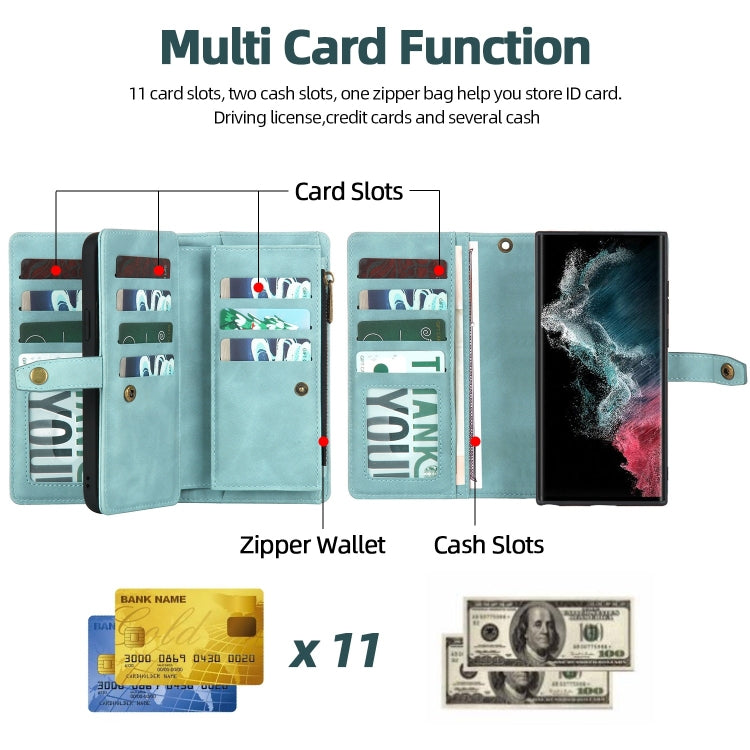 For Samsung Galaxy S22 Ultra 5G Zipper Wallet Magnetic Detachable Leather Phone Case(Blue)