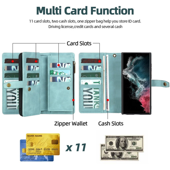 For Samsung Galaxy S22 Ultra 5G Zipper Wallet Magnetic Detachable Leather Phone Case(Blue)