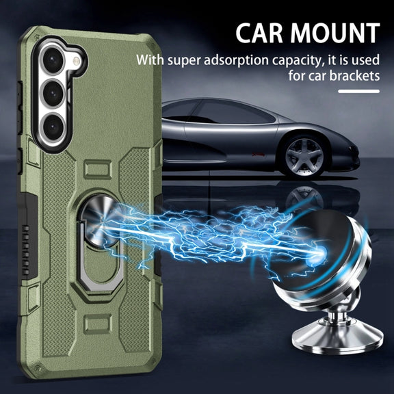 For Samsung Galaxy S23 5G Ring Holder Armor Hybrid Phone Case(Green)