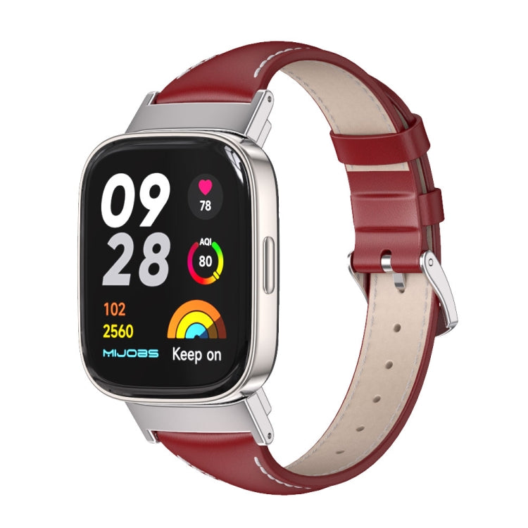 For Redmi Watch 3 Mijobs Genuine Leather Slim Watch Band(Red Silver)