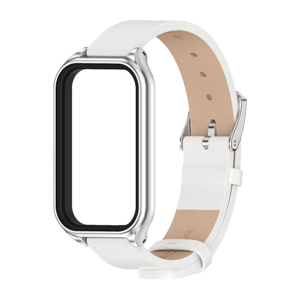 For Xiaomi Smart Band 8 Active / Redmi Band 2 Mijobs Metal Shell Microfiber PU Leather Watch Band(White Silver)