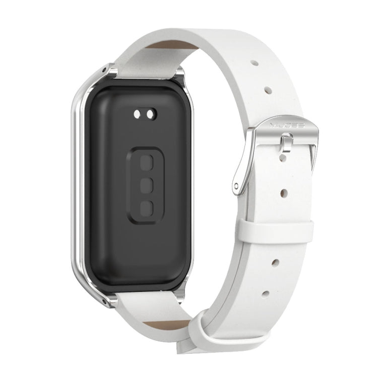 For Xiaomi Smart Band 8 Active / Redmi Band 2 Mijobs Metal Shell Microfiber PU Leather Watch Band(White Silver)