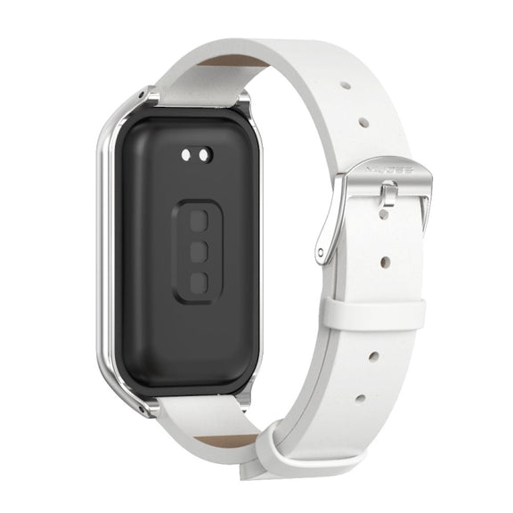 For Xiaomi Smart Band 8 Active / Redmi Band 2 Mijobs Metal Shell Microfiber PU Leather Watch Band(White Silver)