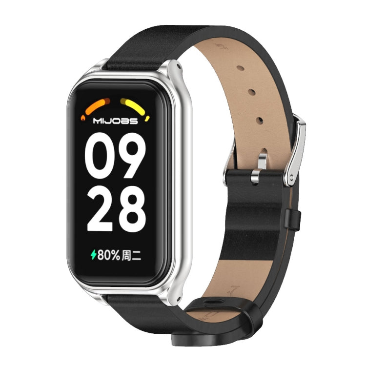For Xiaomi Smart Band 8 Active / Redmi Band 2 Mijobs Metal Shell Microfiber PU Leather Watch Band(Black Silver)