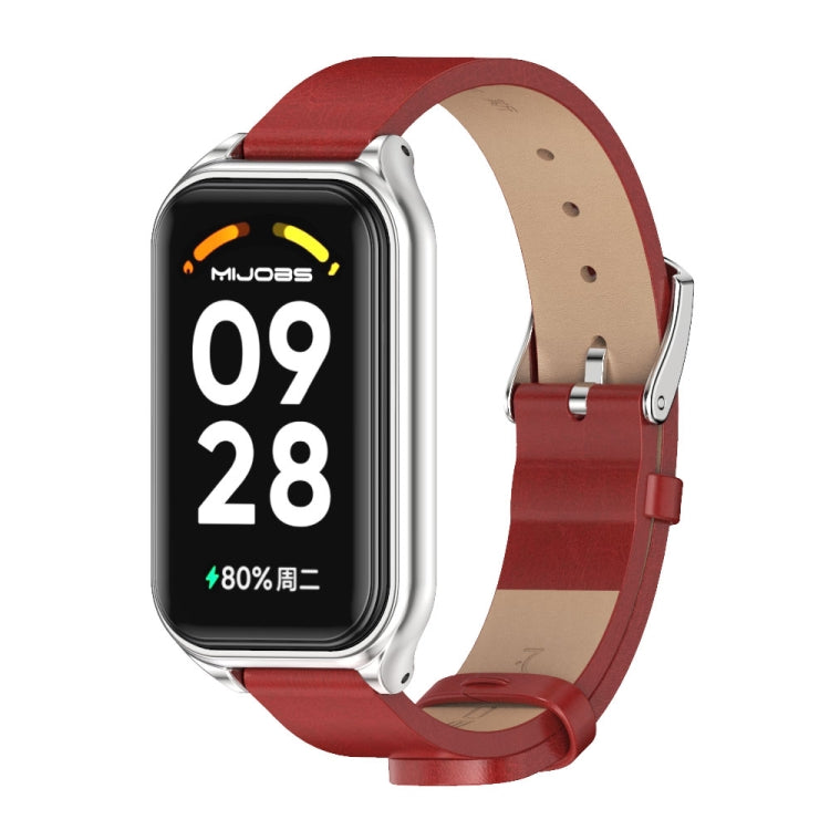 For Xiaomi Smart Band 8 Active / Redmi Band 2 Mijobs Metal Shell Microfiber PU Leather Watch Band(Red Silver)