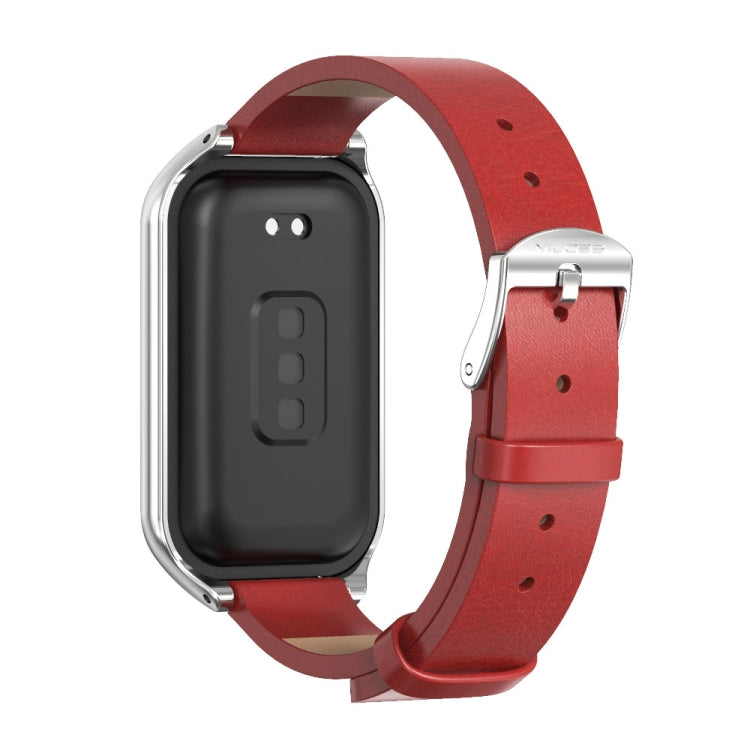 For Xiaomi Smart Band 8 Active / Redmi Band 2 Mijobs Metal Shell Microfiber PU Leather Watch Band(Red Silver)