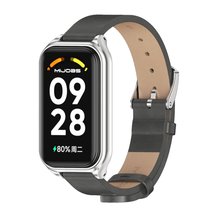 For Xiaomi Smart Band 8 Active / Redmi Band 2 Mijobs Metal Shell Microfiber PU Leather Watch Band(Grey Silver)