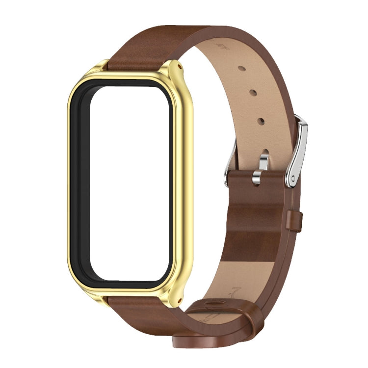 For Xiaomi Smart Band 8 Active / Redmi Band 2 Mijobs Metal Shell Microfiber PU Leather Watch Band(Brown Gold)