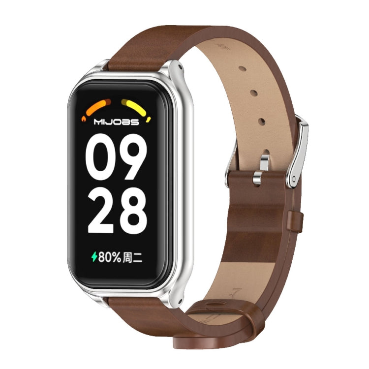 For Xiaomi Smart Band 8 Active / Redmi Band 2 Mijobs Metal Shell Microfiber PU Leather Watch Band(Brown Silver)