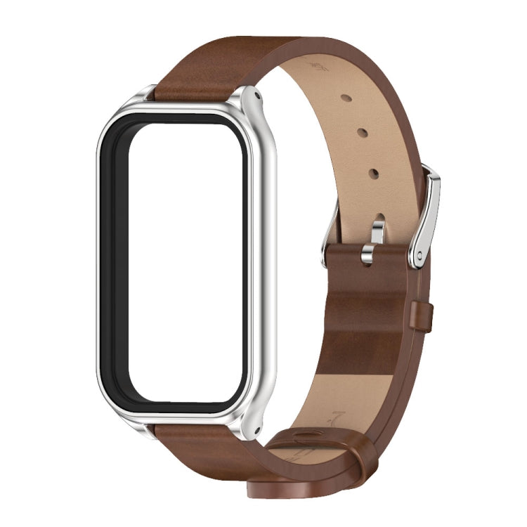 For Xiaomi Smart Band 8 Active / Redmi Band 2 Mijobs Metal Shell Microfiber PU Leather Watch Band(Brown Silver)