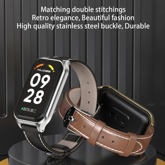 For Xiaomi Smart Band 8 Active / Redmi Band 2 Mijobs Metal Shell Microfiber PU Leather Watch Band(Black Silver)