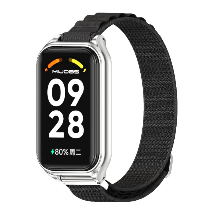 For Xiaomi Smart Band 8 Active / Redmi Band 2 Mijobs Metal Shell Nylon Breathable Watch Band(Black Silver)