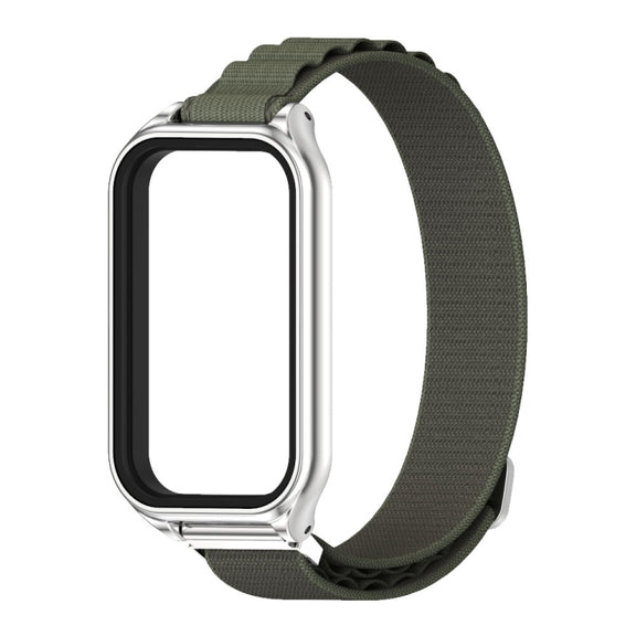 For Xiaomi Smart Band 8 Active / Redmi Band 2 Mijobs Metal Shell Nylon Breathable Watch Band(khaki Green Silver)