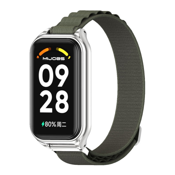 For Xiaomi Smart Band 8 Active / Redmi Band 2 Mijobs Metal Shell Nylon Breathable Watch Band(khaki Green Silver)