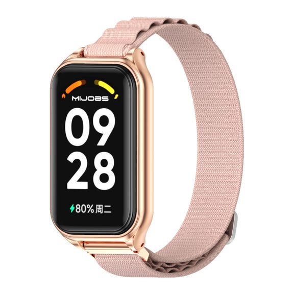 For Xiaomi Smart Band 8 Active / Redmi Band 2 Mijobs Metal Shell Nylon Breathable Watch Band(Pink Rose Gold)