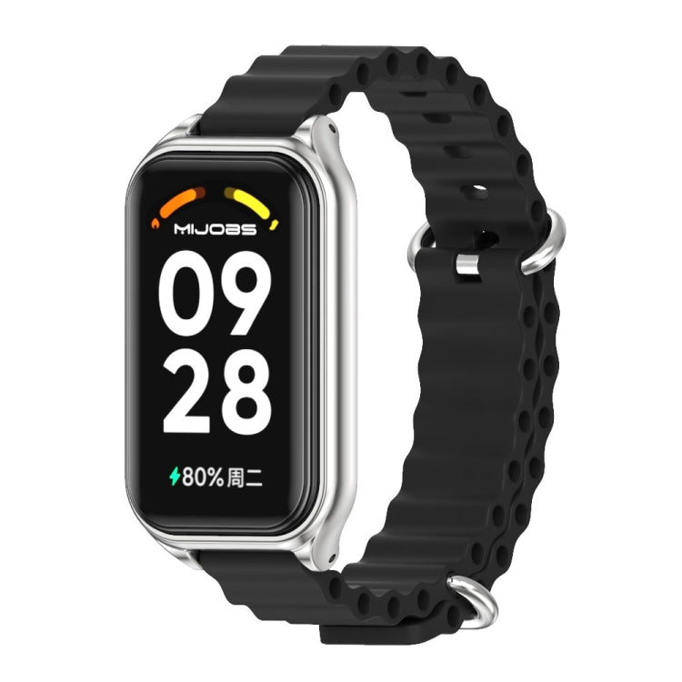 For Xiaomi Smart Band 8 Active / Redmi Band 2 Mijobs Metal Shell Ocean Silicone Watch Band(Black Silver)