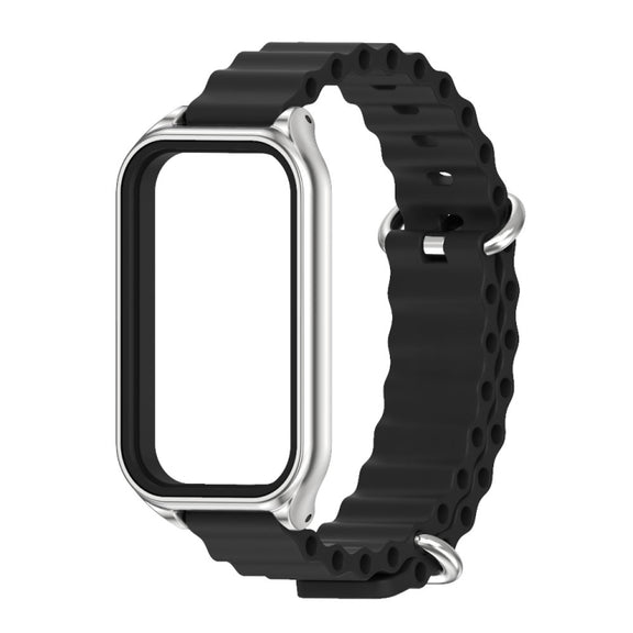 For Xiaomi Smart Band 8 Active / Redmi Band 2 Mijobs Metal Shell Ocean Silicone Watch Band(Black Silver)